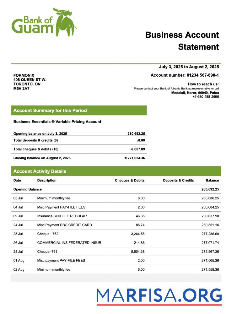 Printable Palau Bank of Guamanian company checking account statement Word and PDF template